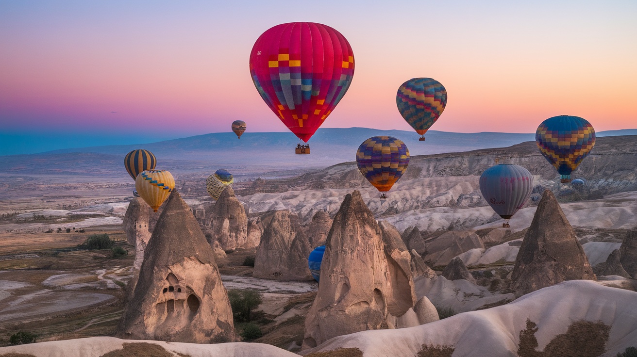 Colorful hot air balloons soaring over Cappadocia's unique rock formations at sunrise