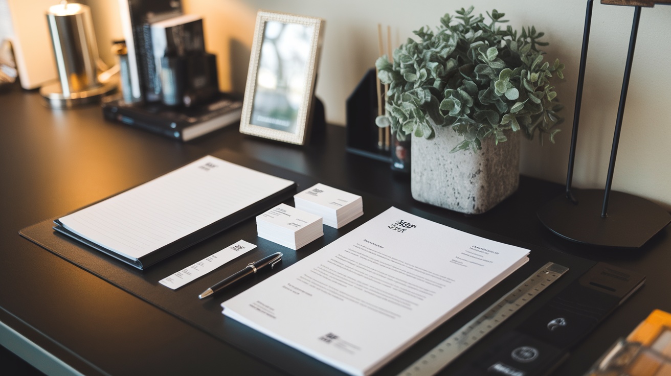 A hotel desk featuring stationery, a pen, business cards, and a small plant.