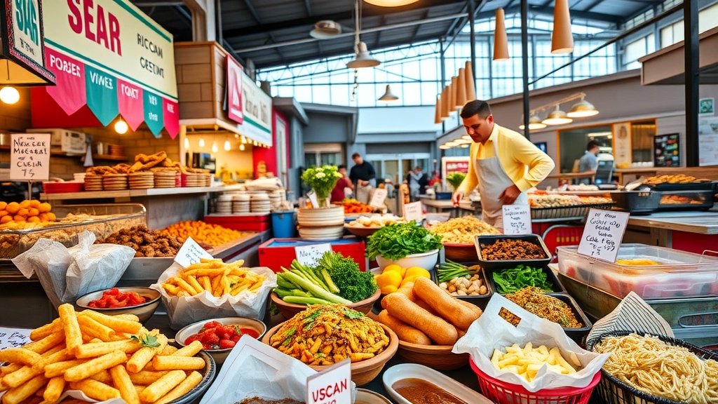 A vibrant food market in Houston showcasing a variety of dishes and ingredients.