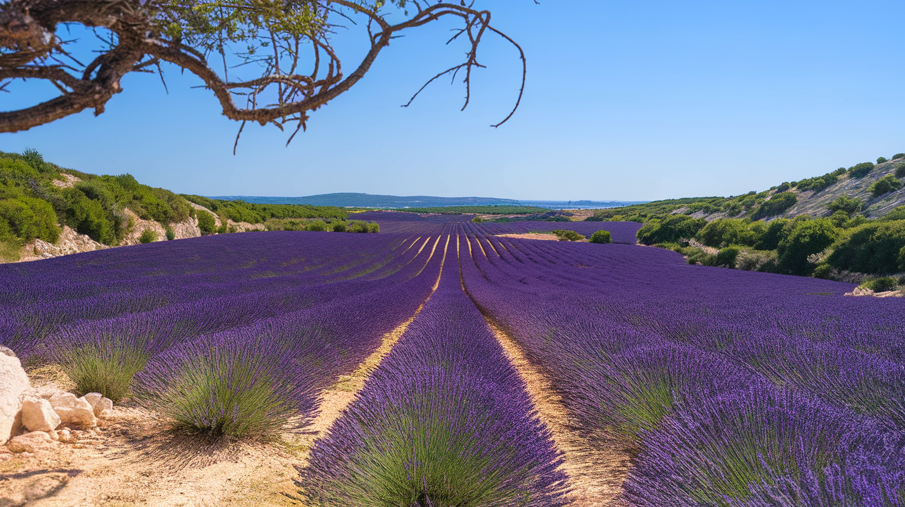 A scenic view of lavender fields in Hvar, Croatia, showcasing rows of vibrant purple flowers under a clear blue sky.