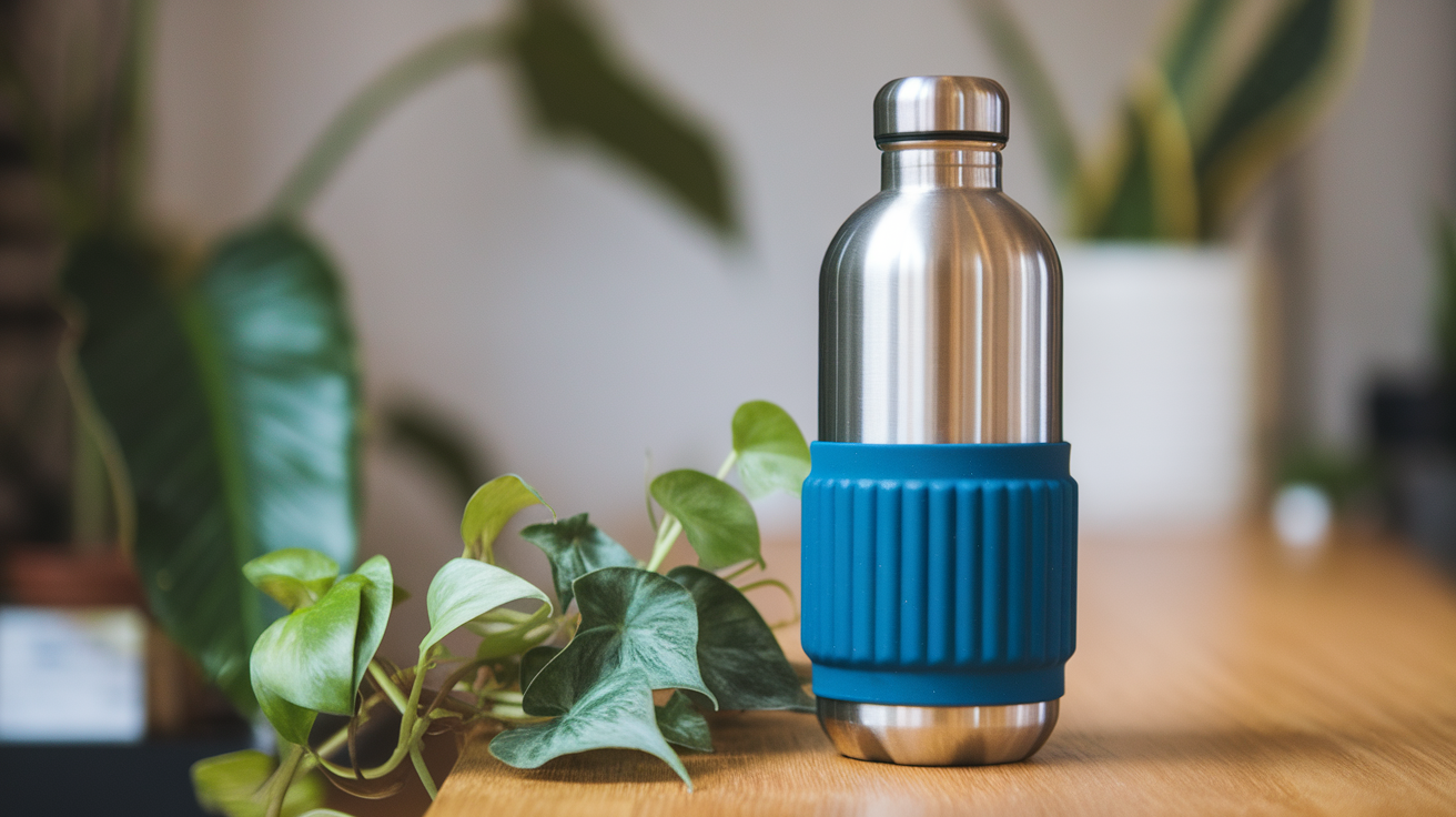 A stainless steel water bottle being filled at a water station on a cruise ship.