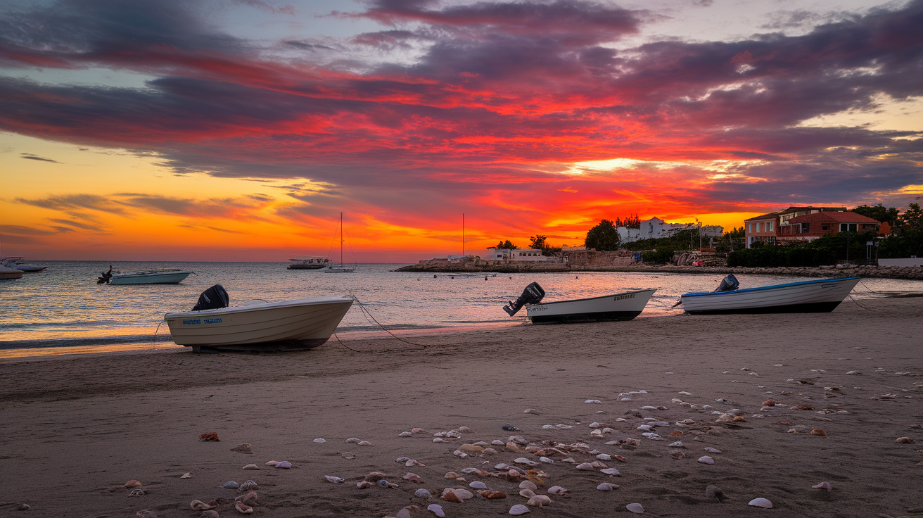 People dancing at a beach bar in Ibiza during sunset