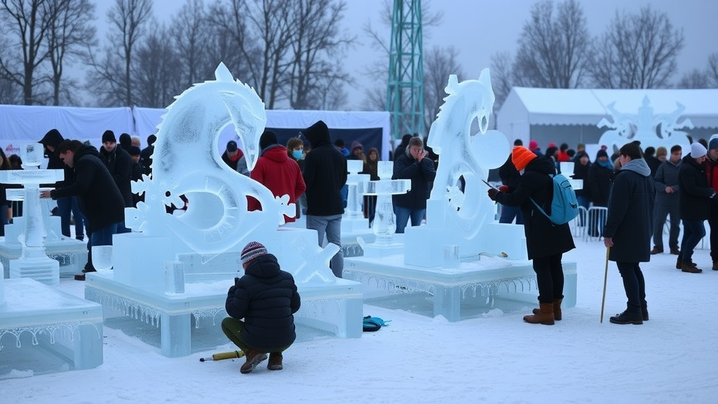 Participants are engaged in an ice sculpting competition, with various ice sculptures on display and a crowd watching.