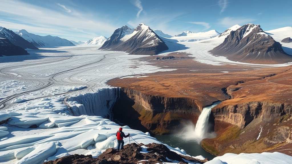 A group of people hiking on a glacier with a waterfall in the background in Iceland.