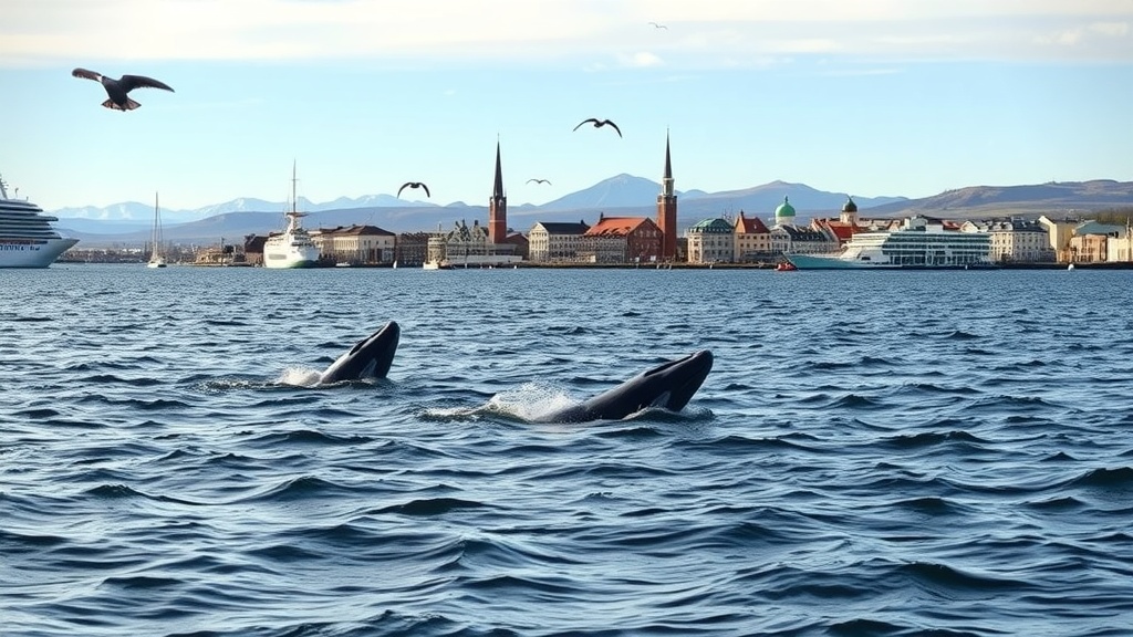 Whale watching in Faxaflói Bay, Iceland, showcasing whales surfacing in front of a picturesque coastal town.