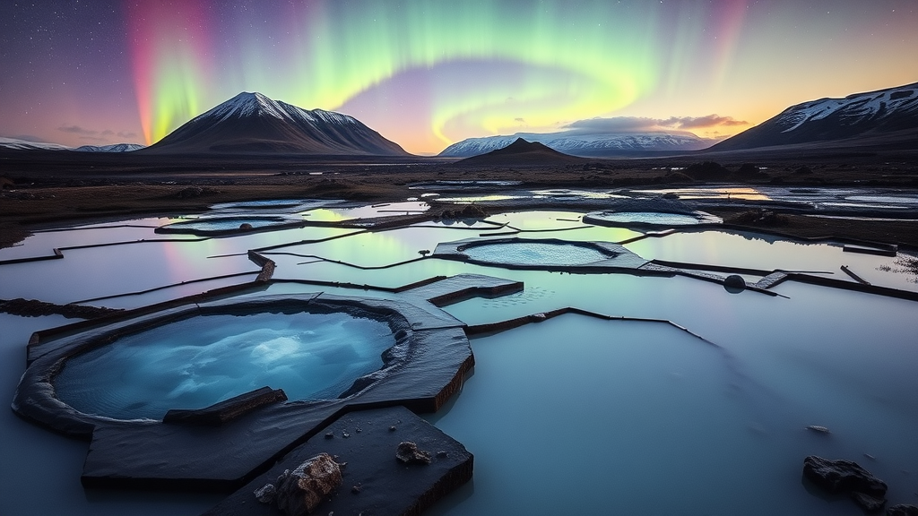 Icelandic geothermal pools with northern lights in the background