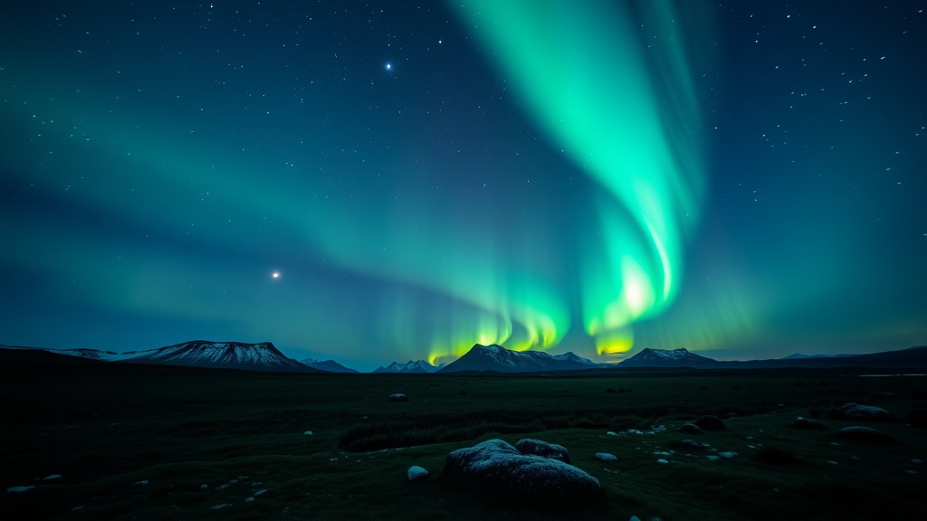 Aurora borealis over mountains and fields at night in Iceland.