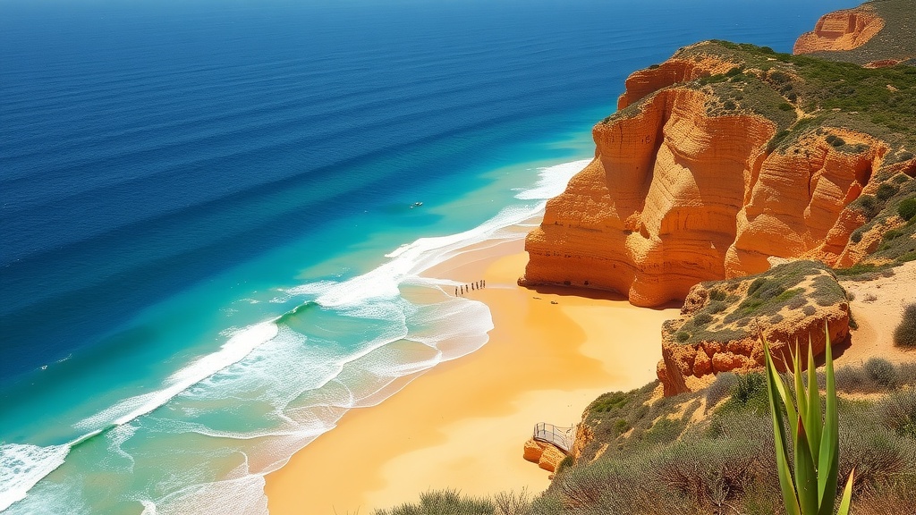 Scenic view of the Algarve coastline with golden sands and clear blue waters.