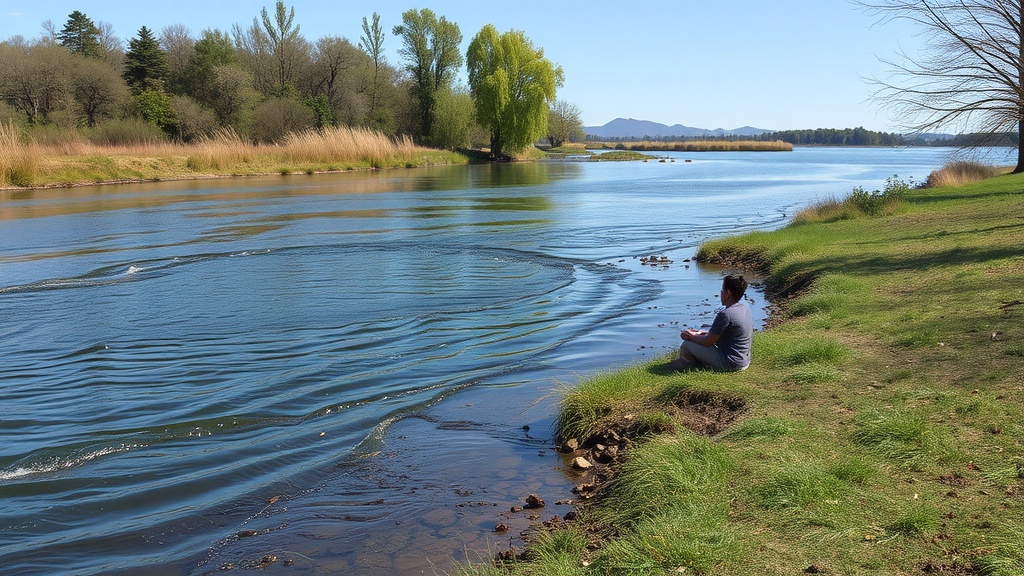 A person meditating by a serene riverbank surrounded by lush greenery.