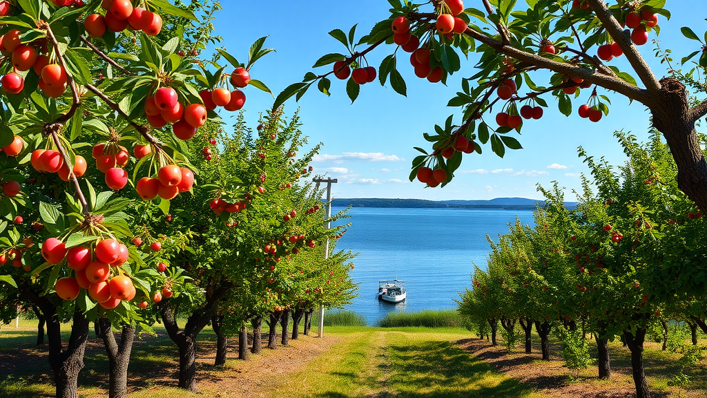 Scenic view of cherry trees with a lake in the background in Traverse City, Michigan.