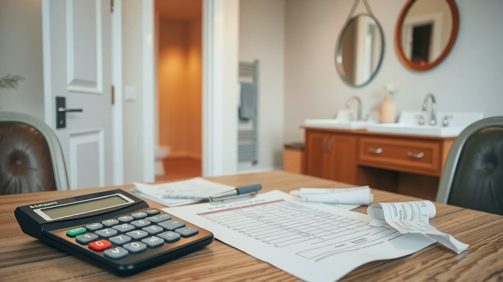 A calculator and paperwork on a table, with a bathroom visible in the background.