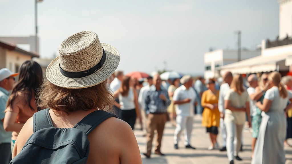 A person in a hat looking at a crowd in Greece.