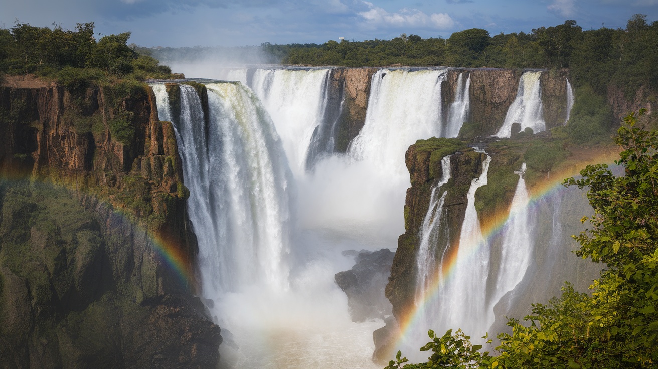 Iguazu Falls cascading down with a rainbow in the mist