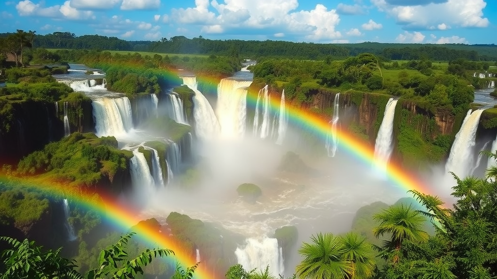 A beautiful view of Iguazu Falls with rainbows and lush greenery