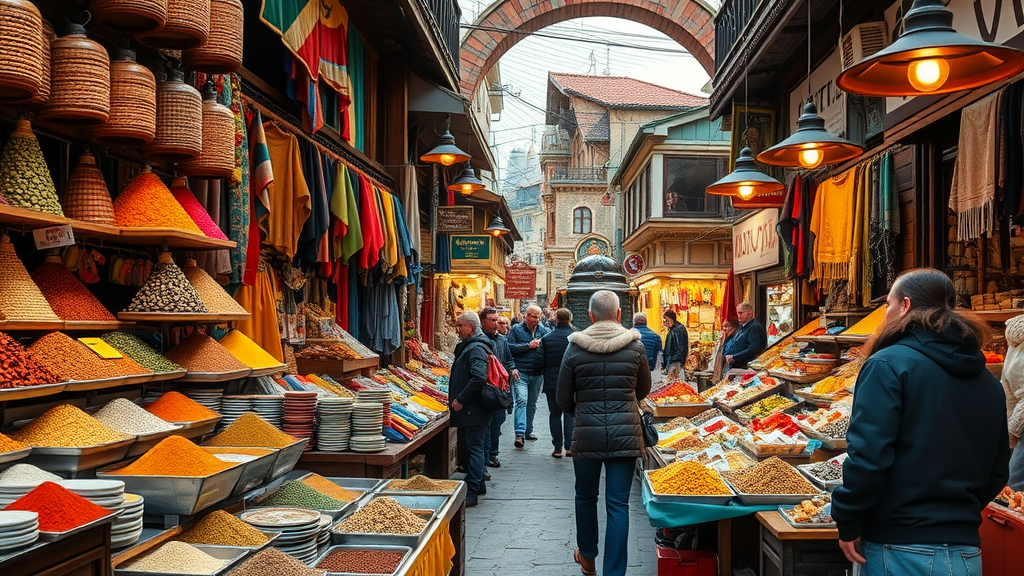 A bustling Spice Bazaar in Istanbul filled with colorful spices and people browsing.