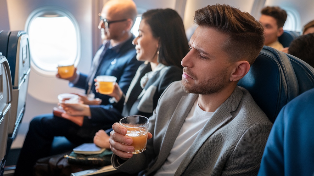 A man looking uncomfortable on an airplane while passengers in the background enjoy drinks.