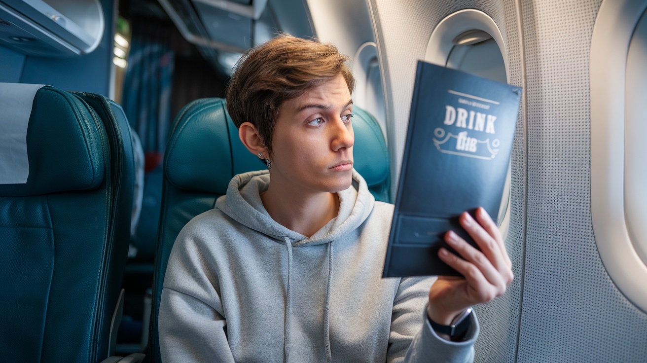 A woman looking concerned while reading a menu on an airplane.