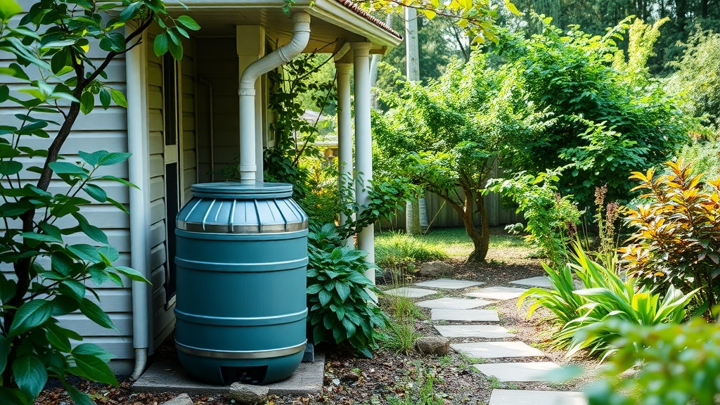 A rainwater harvesting system installed beside a house, surrounded by greenery.