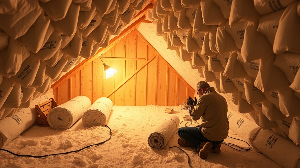 An attic filled with insulation bags, showing a person working on home insulation improvements.