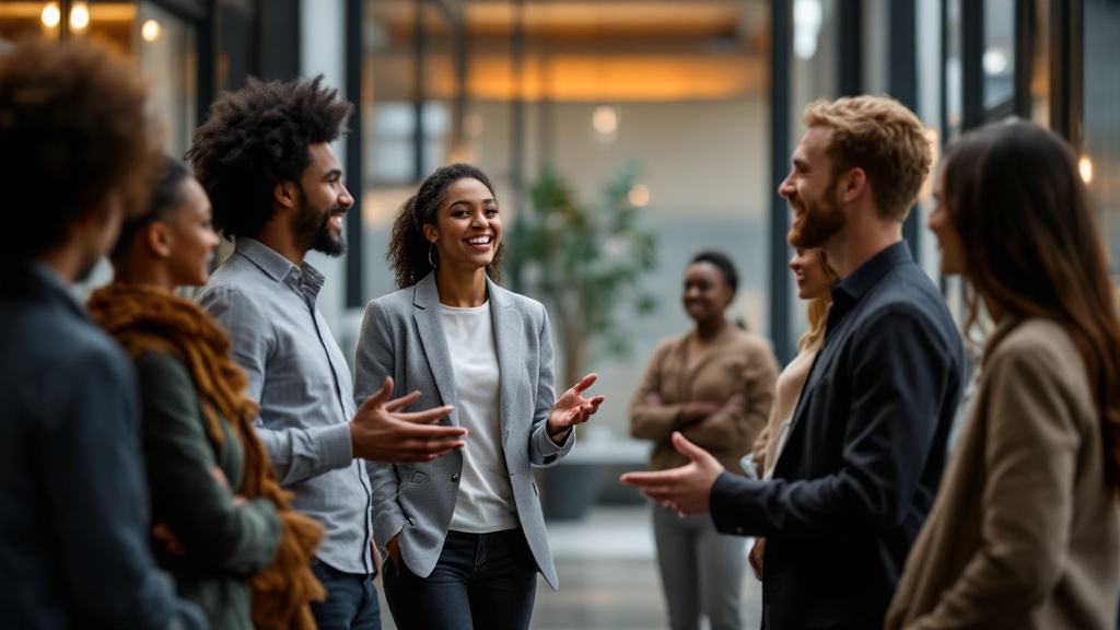 A group of diverse individuals engaging in a lively conversation, showcasing positive body language.