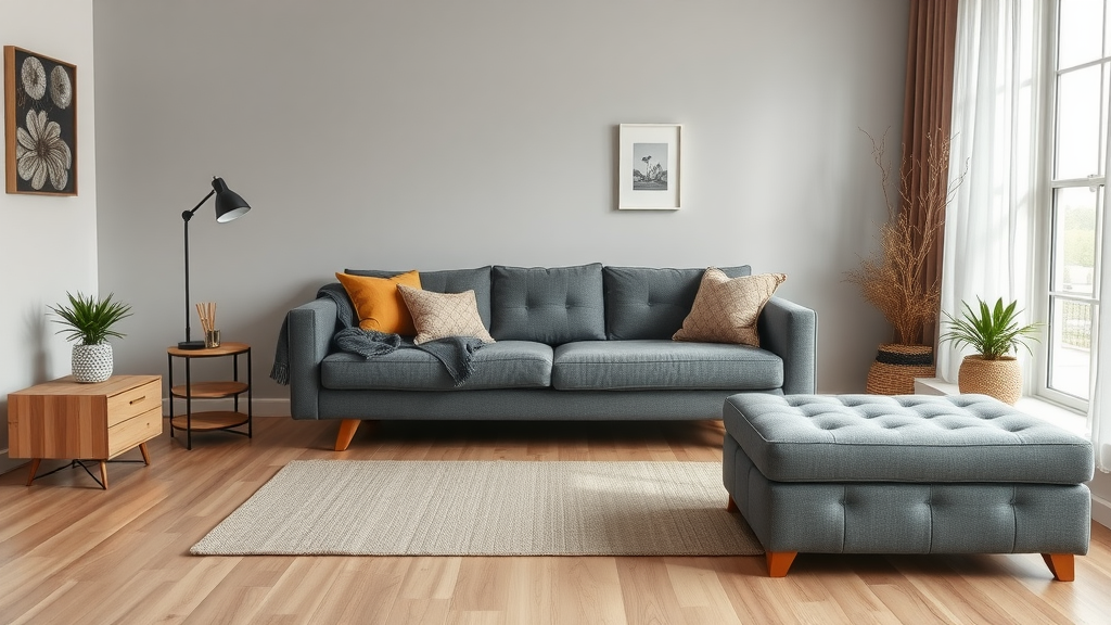 Stylish living room featuring multifunctional furniture, including a modern sofa and ottoman.