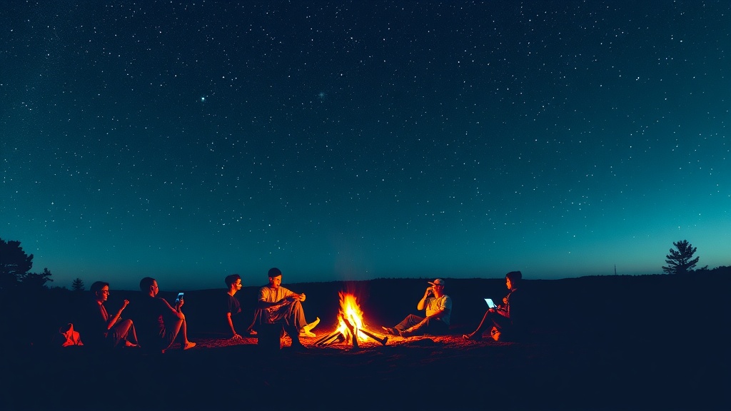 Campers sitting around a campfire under a starry night sky.