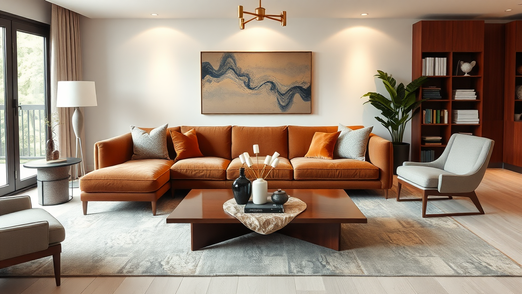 A stylish living room featuring an orange sectional sofa, a wooden coffee table, and a modern armchair.