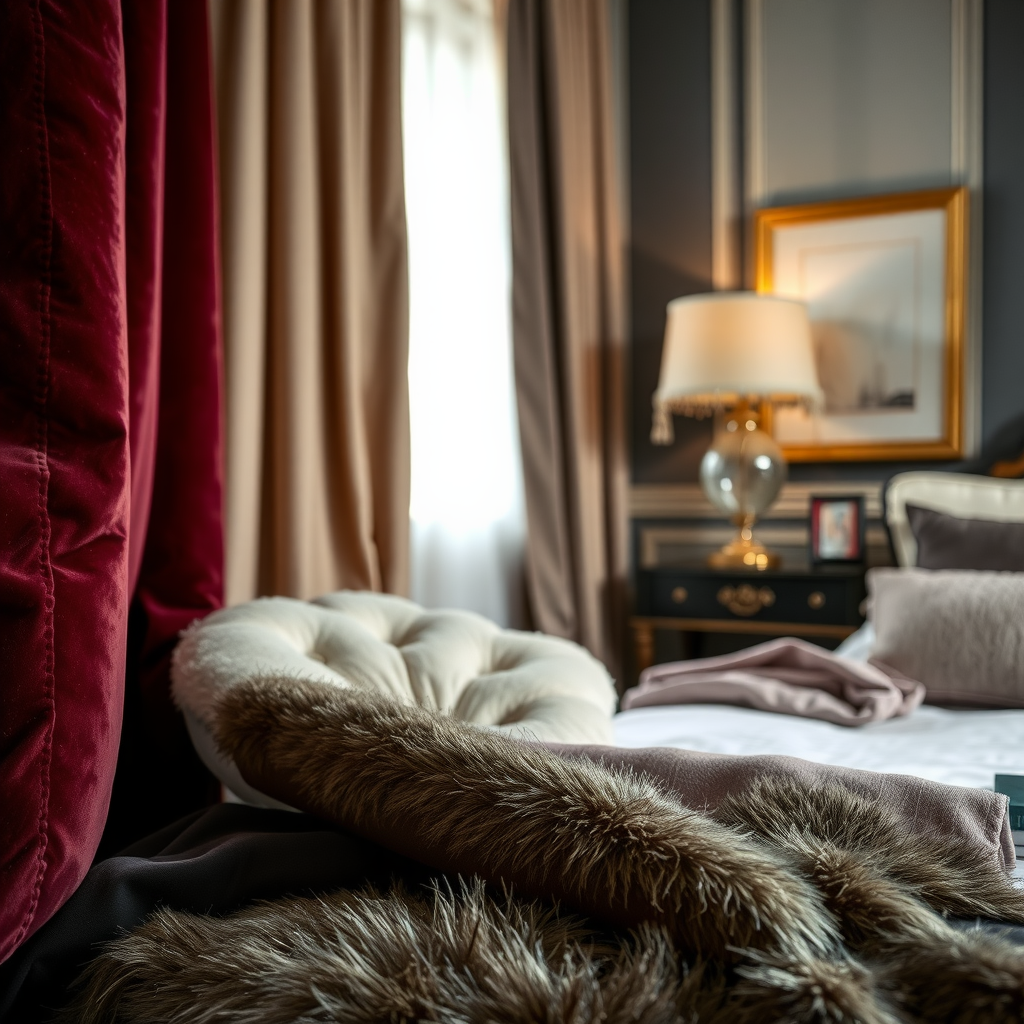 A luxurious bedroom featuring burgundy curtains, plush bedding, and faux fur throws, showcasing various textures.