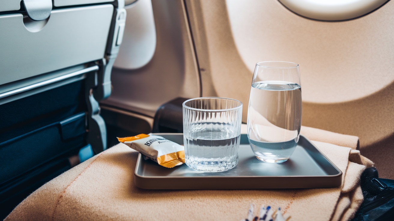 A tray with a glass of water and a smaller glass on an airplane seat.