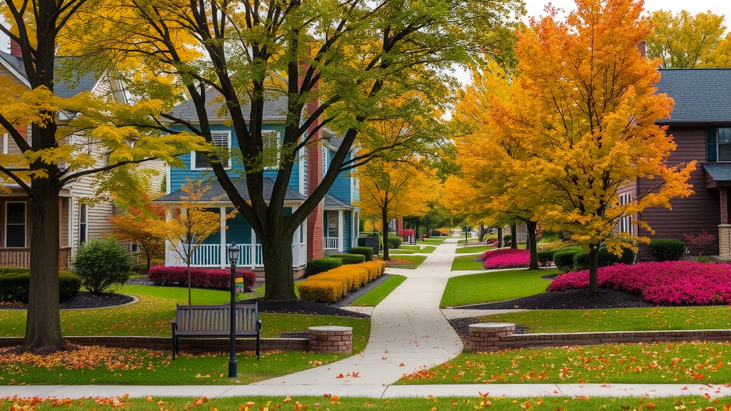 A friendly neighborhood scene in Indianapolis with people walking and enjoying the outdoors.