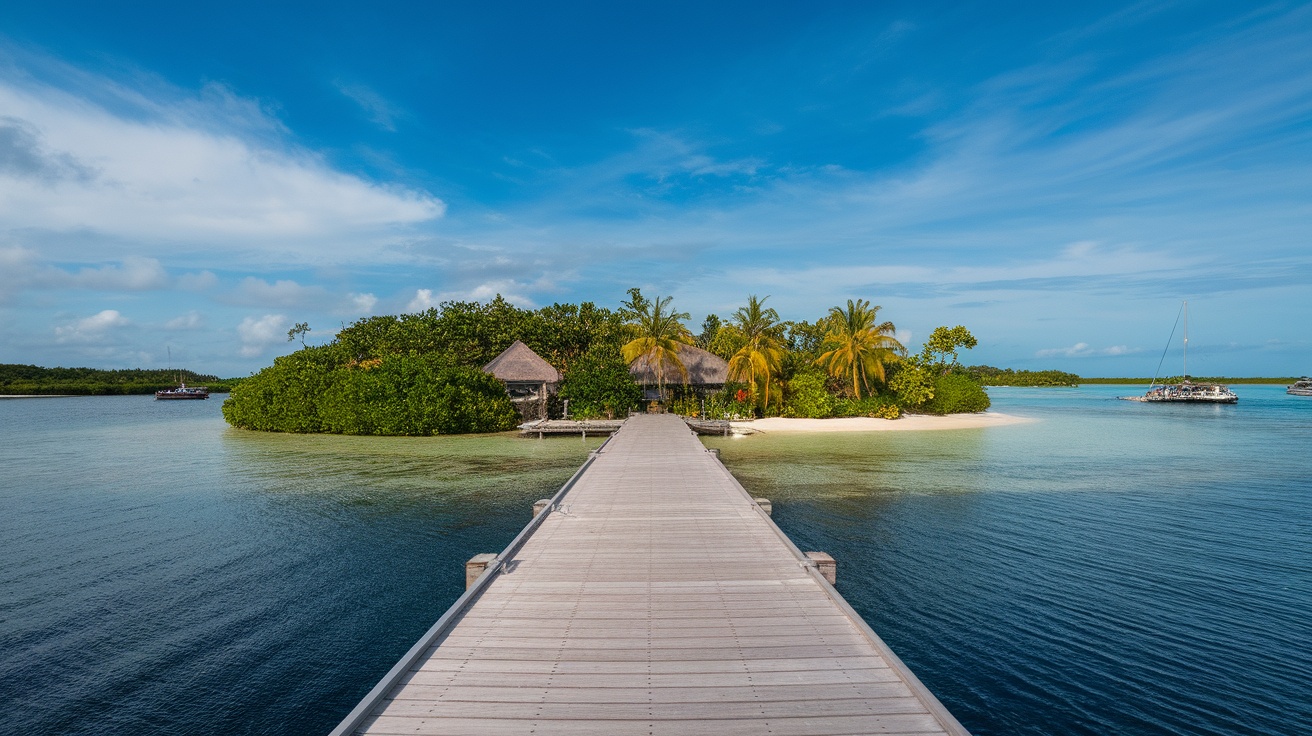 A beautiful private island in Indonesia with a wooden pier leading to a sandy beach surrounded by green trees and calm waters.