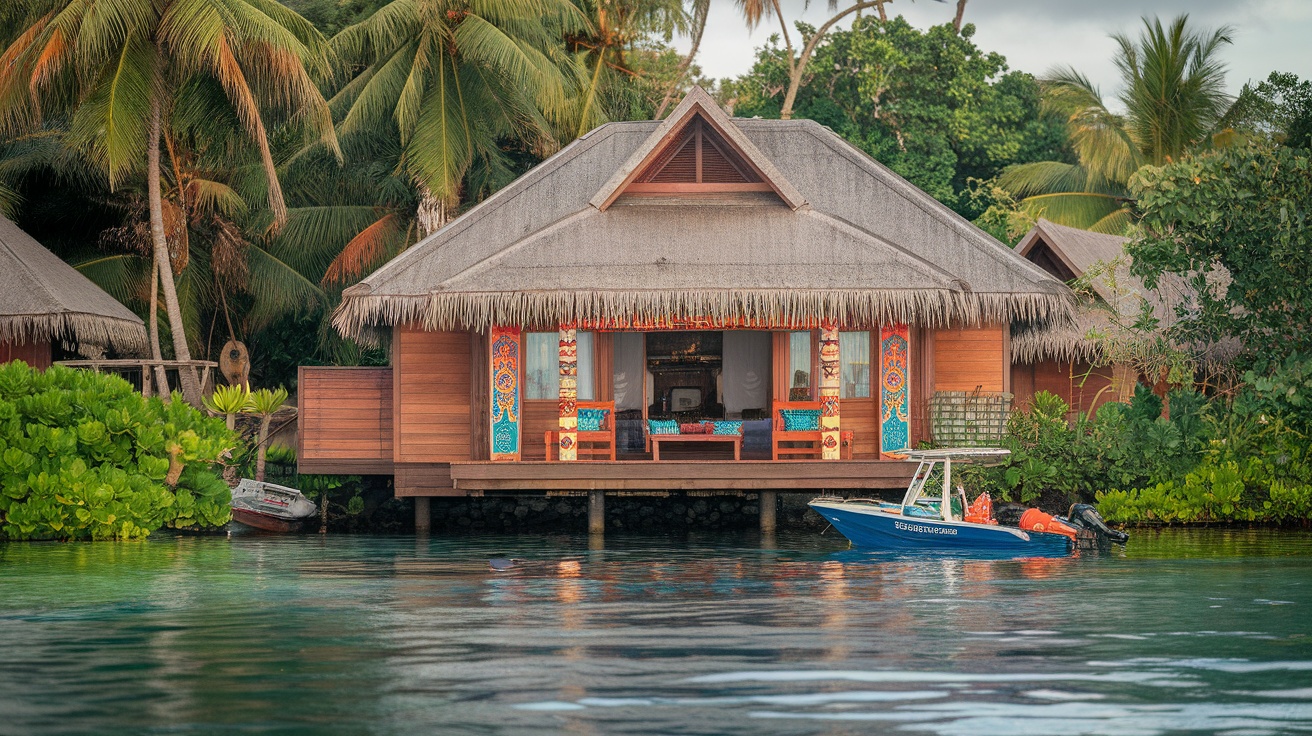 A beautiful overwater bungalow surrounded by lush greenery and water.