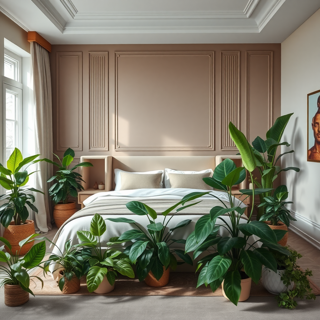 A serene bedroom with large indoor plants surrounding a bed, creating a calming atmosphere.