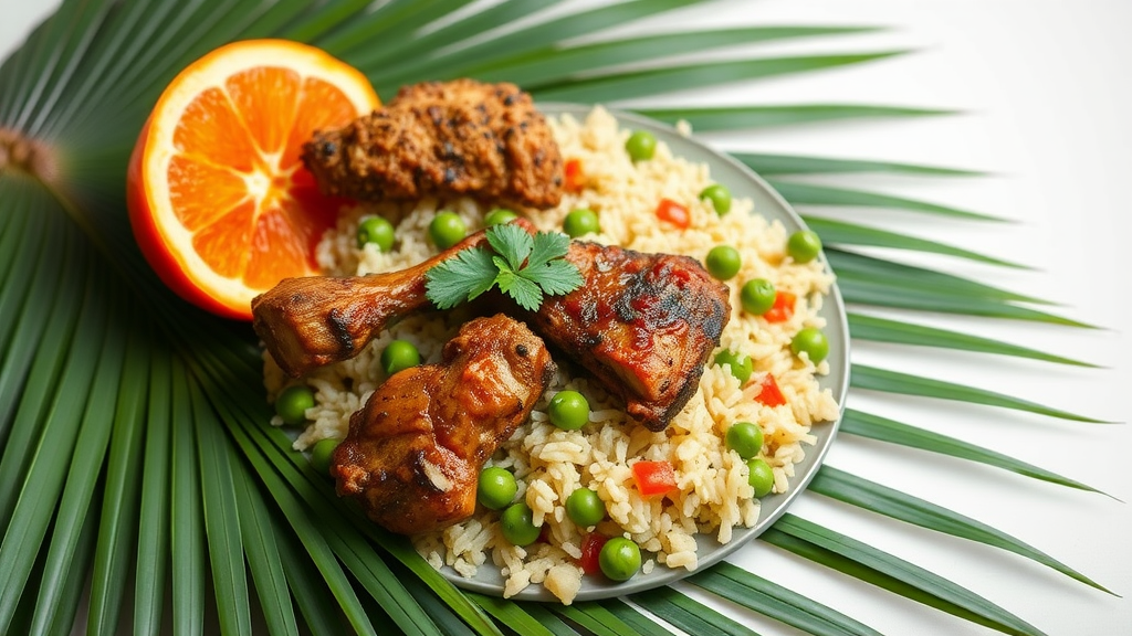 A plate of Caribbean food with rice, peas, grilled chicken, and an orange slice.