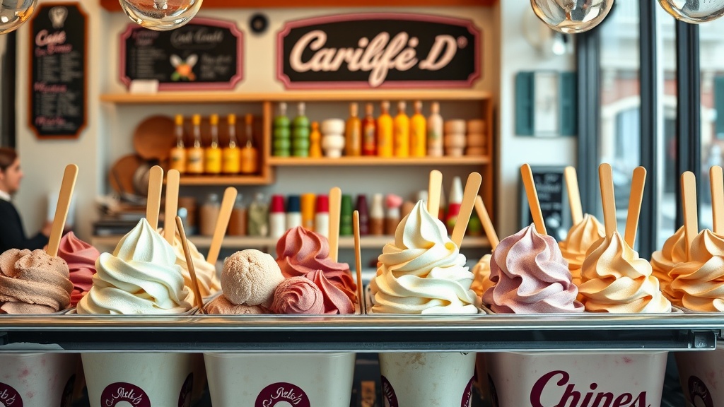 Colorful gelato displayed in a gelateria with various flavors