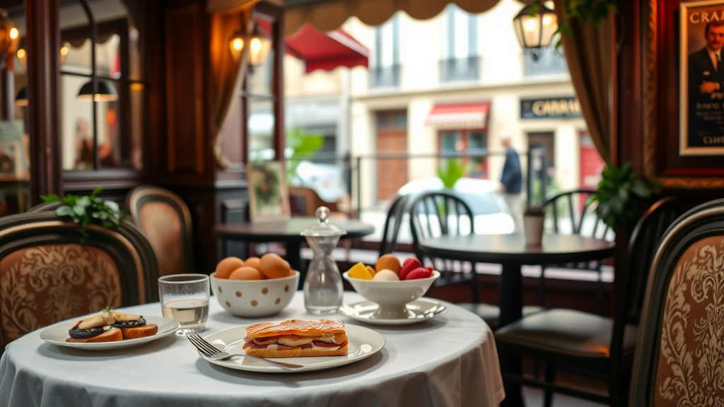 A beautifully set breakfast table in a Parisian café, featuring a flaky pastry, fresh fruit, and a glass of water.