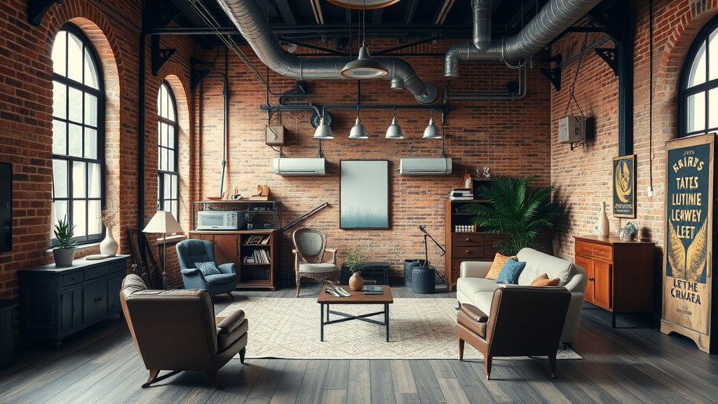 Stylish industrial living room with exposed brick and modern furniture.