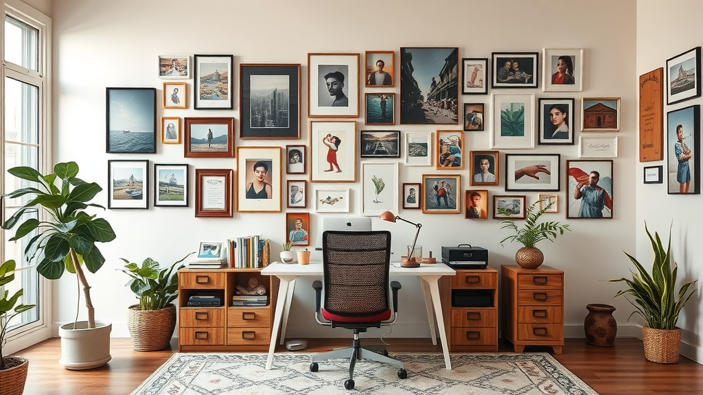 A stylish home office with a gallery wall featuring various framed artworks and photographs.