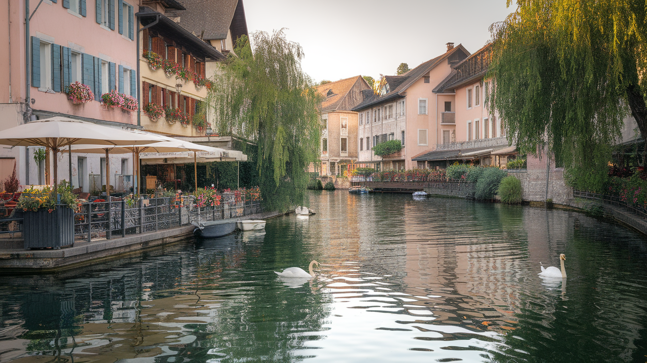 Scenic canals in Annecy with swans and flower-adorned buildings