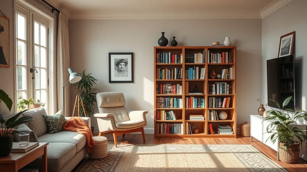 A cozy reading nook in a bright living room with a comfortable chair, bookshelves, and plants.