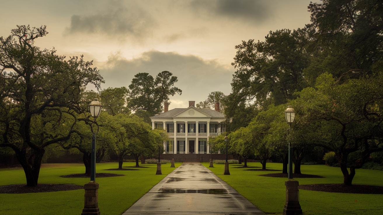 Myrtles Plantation at night with ghostly figures and fog.