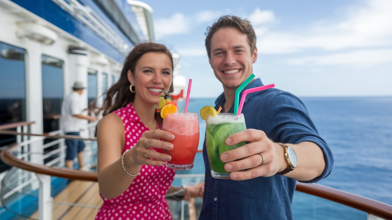 Two people holding colorful drinks on a cruise ship deck