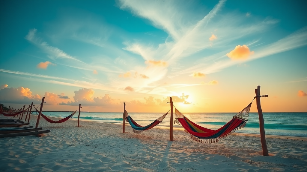 Colorful hammocks on a beach at sunset in Isla Holbox, Mexico.