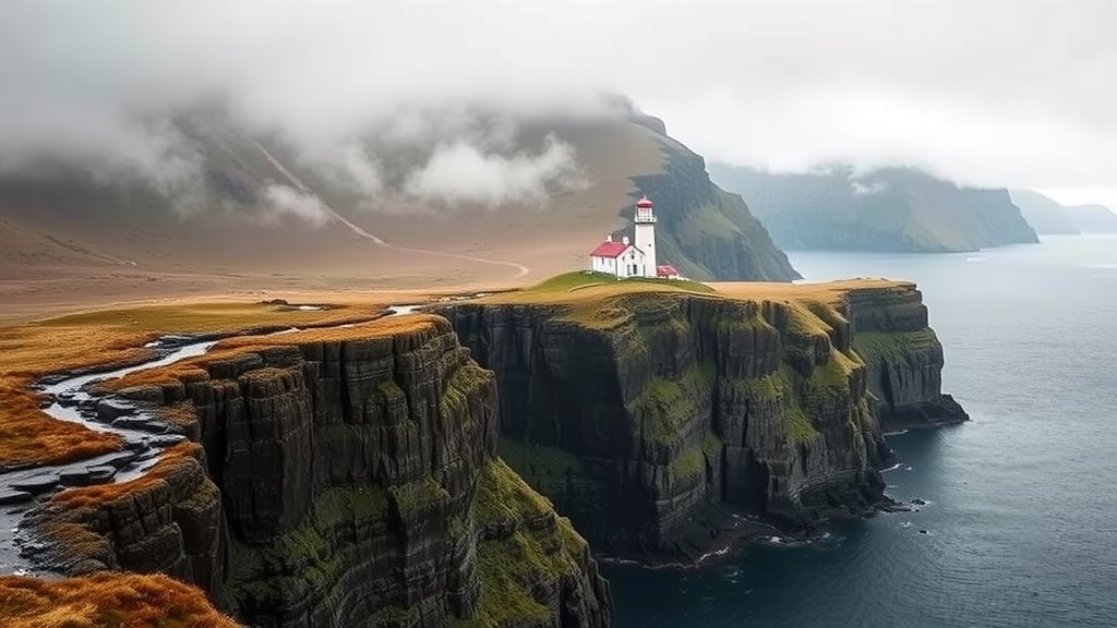 A breathtaking view of the Isle of Skye with cliffs and a lighthouse.