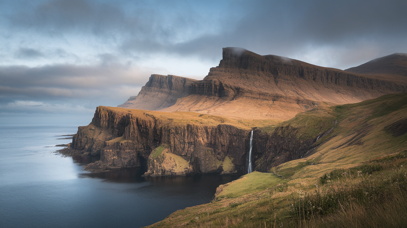 Scenic view of the Isle of Skye featuring cliffs, a waterfall, and a calm sea.