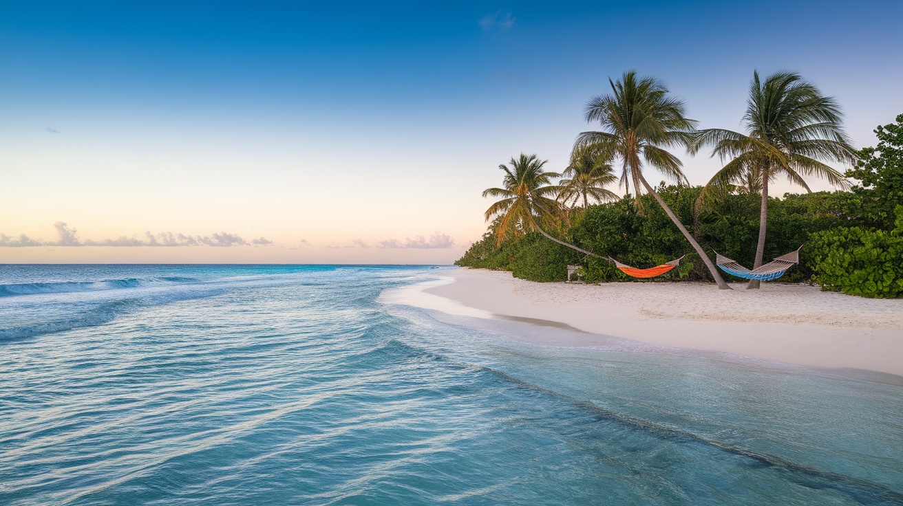 Isolated Caribbean beach with white sand, turquoise water, palm trees, and colorful hammocks