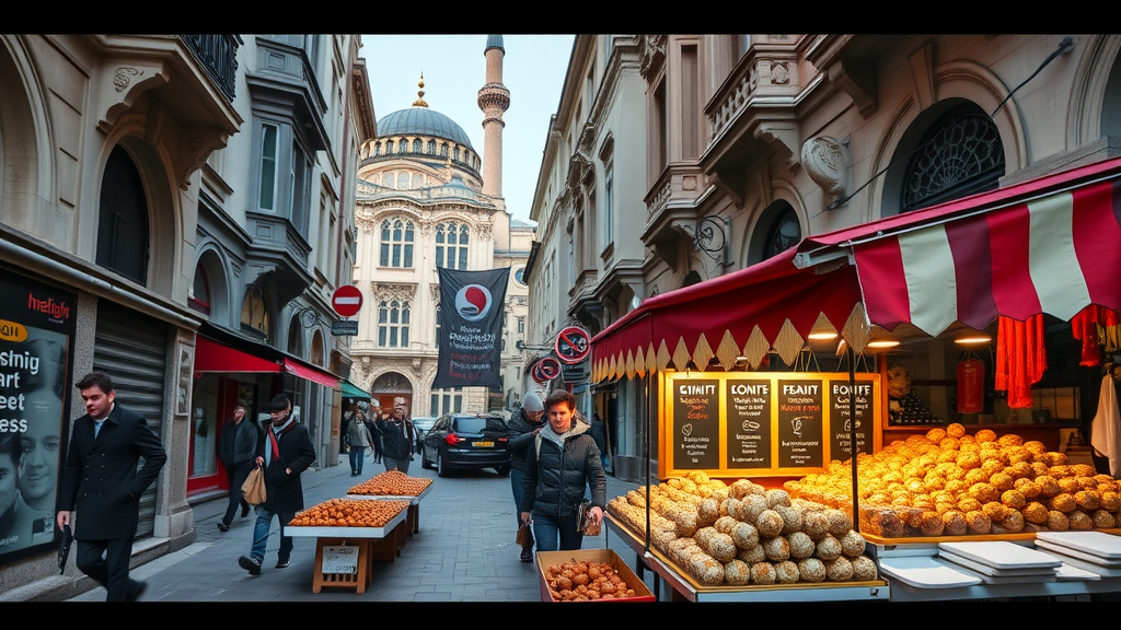 A bustling street in Istanbul showcasing food stalls with various snacks.