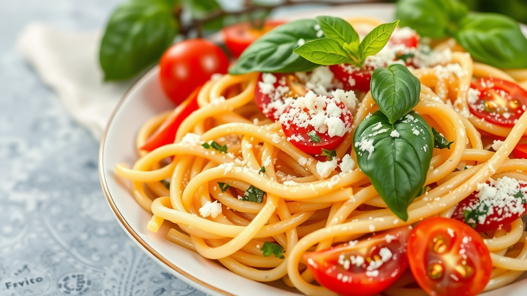 A plate of spaghetti topped with fresh tomatoes and basil, representing Italian cuisine.