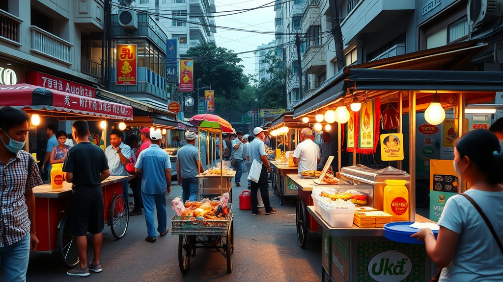 A bustling street food market in Jakarta with vendors and customers.