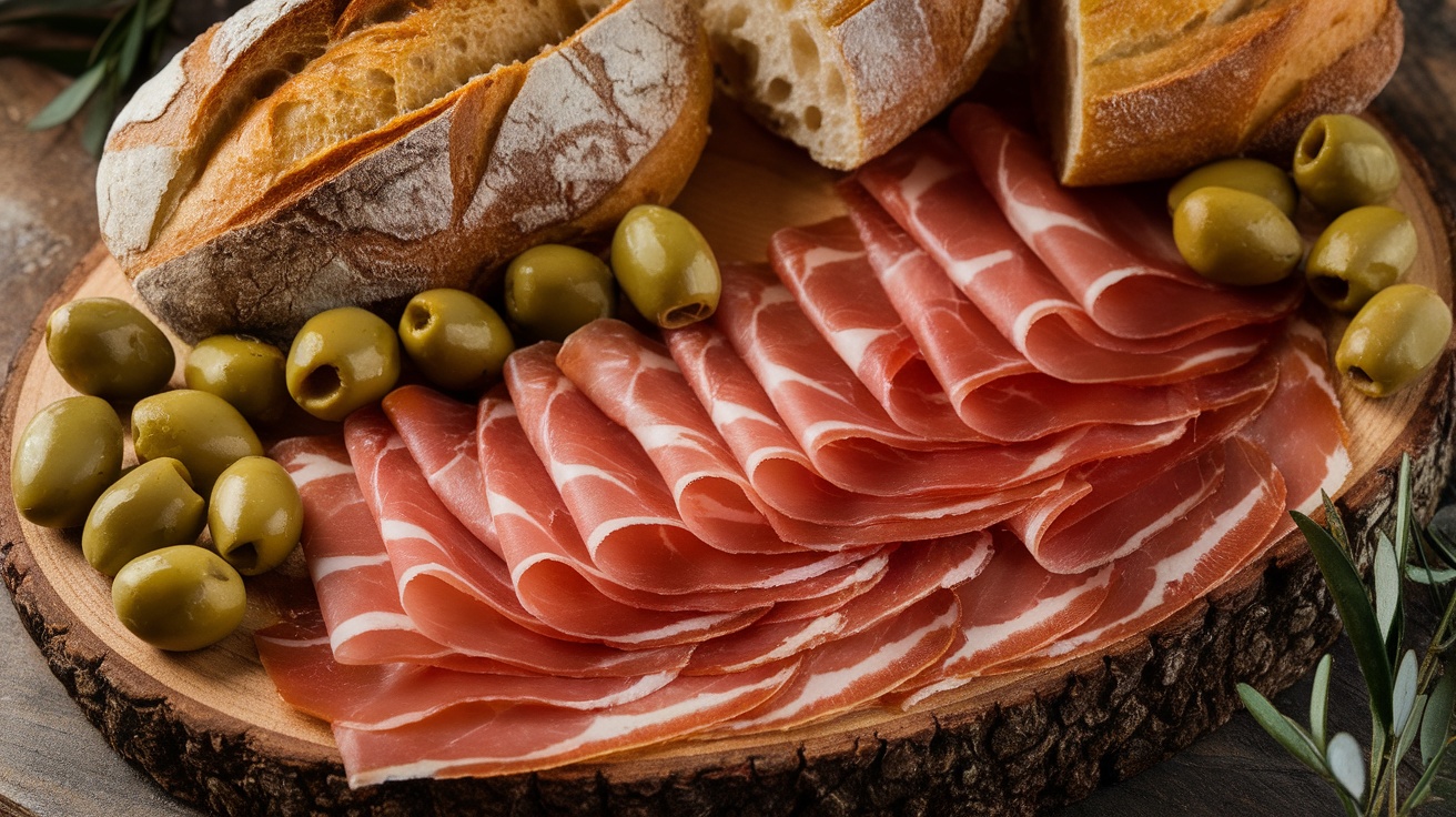 A platter of Jamón Ibérico with bread and olives